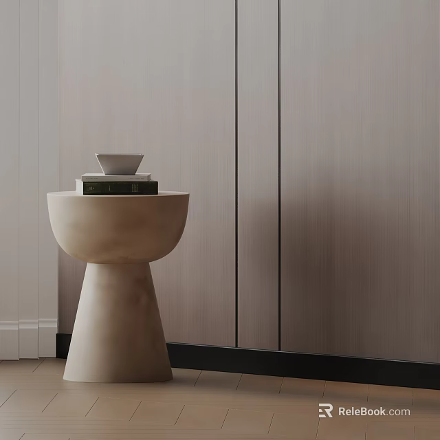 Modern Concrete Side Table With Conical Base Featuring Stacked Books And Decorative Bowl 3d model 