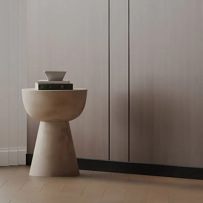 Modern Concrete Side Table With Conical Base Featuring Stacked Books And Decorative Bowl 3d model