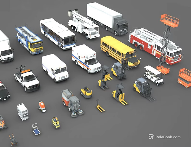 Diverse Range of Utility Vehicles Including Trucks Ambulances Buses Forklifts and Fire Engines 3d model 
