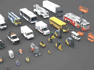 Diverse Range of Utility Vehicles Including Trucks Ambulances Buses Forklifts and Fire Engines 3d model