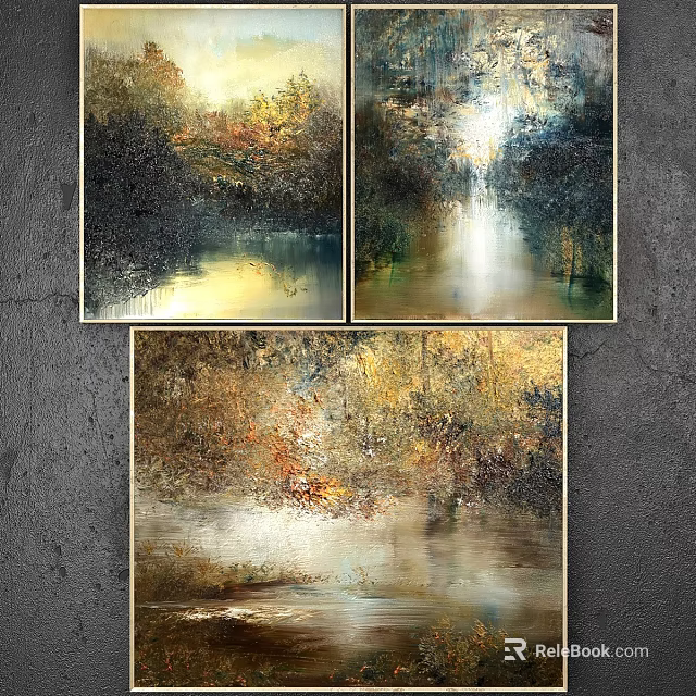 Framed Abstract Landscape Artworks With Golden Green Tones On Gray Wall Decor 3d model 