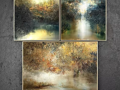 Framed Abstract Landscape Artworks With Golden Green Tones On Gray Wall Decor 3d model