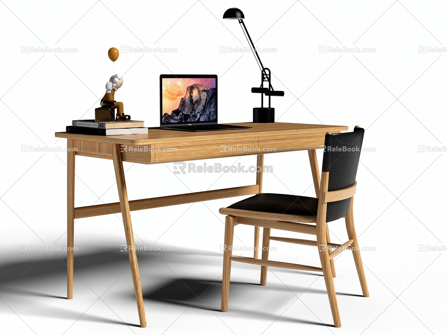 New Chinese Style Desk and Chair Combination Log Desk Single Chair Table Lamp Computer 3d model