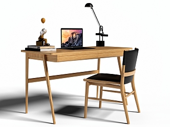 New Chinese Style Desk and Chair Combination Log Desk Single Chair Table Lamp Computer 3d model