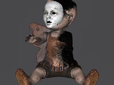 Eerie Tattered Doll Game Movie Character With White Face Black Eyes And Worn Clothing 3d model