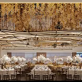 Luxurious Banquet Hall Interior With Golden Chandeliers Decorative Leaves And White Flowers