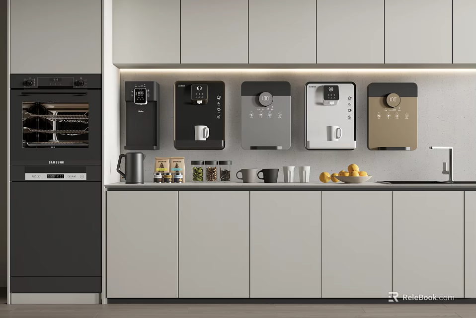 Modern Kitchen Interior With Countertop Oven Coffee Machines And Household Appliances 3d model 