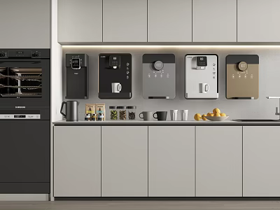 Modern Kitchen Interior With Countertop Oven Coffee Machines And Household Appliances 3d model