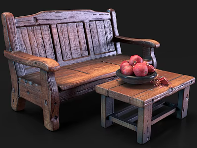 Rustic Wooden Outdoor Sofa With Side Table And Pomegranates Bowl 3d model