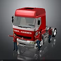 Red RISS HAMMES Truck with Three People in Red Clothes Inspecting Exterior