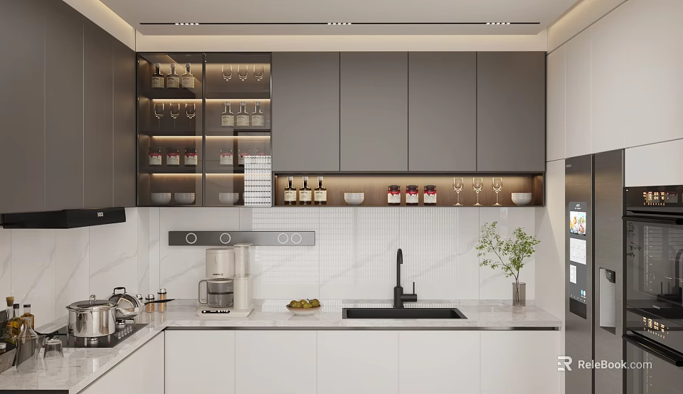 Modern Kitchen Interior Design Featuring Glass Door Cabinets White Countertop And Appliances 3d model 