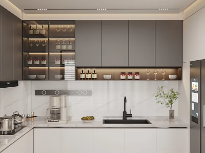 Modern Kitchen Interior Design Featuring Glass Door Cabinets White Countertop And Appliances 3d model