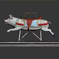 Decorative Pig Carousel Sculpture With Red Saddle Blue White Body Metal Frame And Stone Base