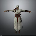 Hooded Assassin Character In White Robe With Red Sash And Sword Arms Outstretched