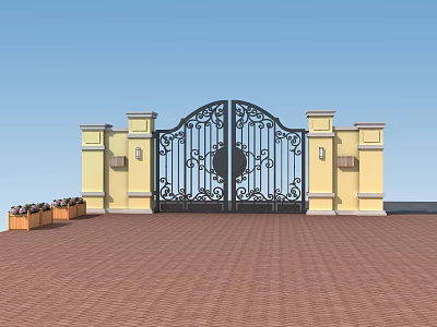 Intricate Wrought Iron Entrance Gate With Yellow Pillars And Red Brick Pavement 3d model
