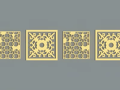 Set Of Four Yellow Decorative Panels With Intricate Geometric Floral Carved Designs 3d model