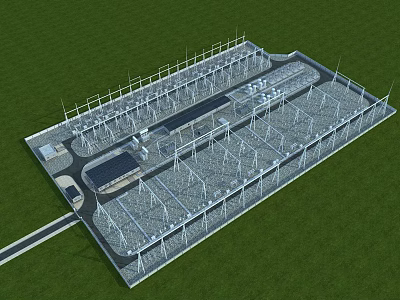 Industrial Plant With Wind Turbines Green Landscape And Large Scale Layout 3d model