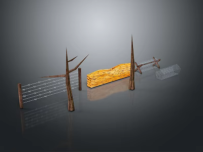 Weapon Design With Spear Like Poles Yellow Coiled Rope And Frame Structure On Grey Background 3d model
