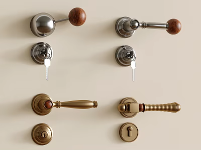 Different Styles of Door Handles with Wooden Knobs and Metal Levers Including Lock and Key 3d model