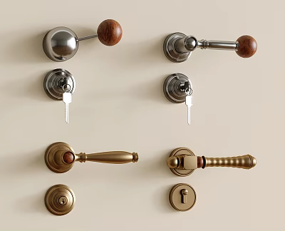 Different Styles of Door Handles with Wooden Knobs and Metal Levers Including Lock and Key 3d model