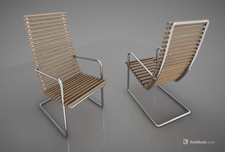 Modern Wooden Slats Leisure Chair With Silver Metal Frame And Armrests Design 3d model 