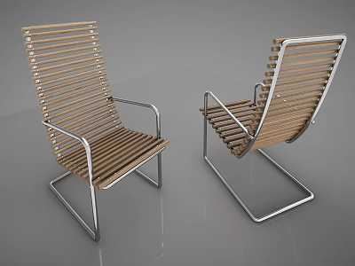 Modern Wooden Slats Leisure Chair With Silver Metal Frame And Armrests Design 3d model