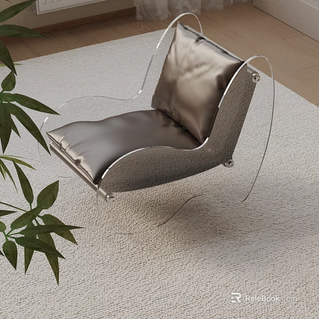 Modern Leisure Chair With Leather Upholstery And Transparent Acrylic Frame Near Green Plants 3d model 