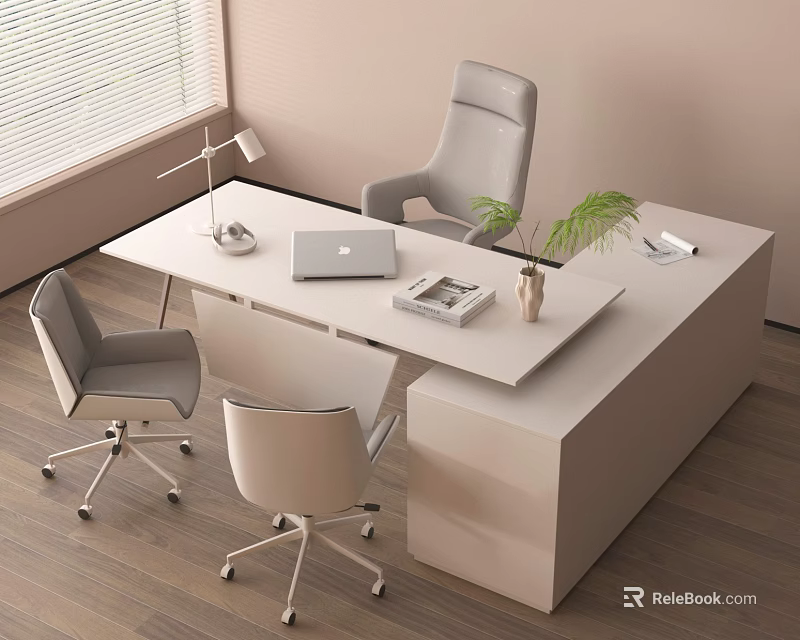 Modern Office Desk And Chair Set With Laptop Lamp Green Plant And Wooden Floor 3d model 