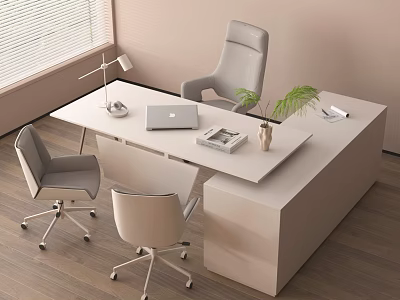 Modern Office Desk And Chair Set With Laptop Lamp Green Plant And Wooden Floor 3d model