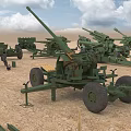 Green Military Artillery Weapons With Wheels Multiple Field Pieces On Desert Terrain