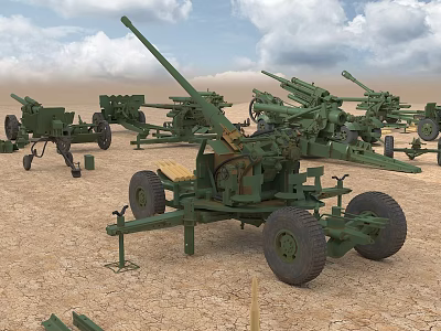 Green Military Artillery Weapons With Wheels Multiple Field Pieces On Desert Terrain 3d model