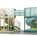 Colorful Children's Playground With Spiral Slide Transparent Fence And Yellow Stairs