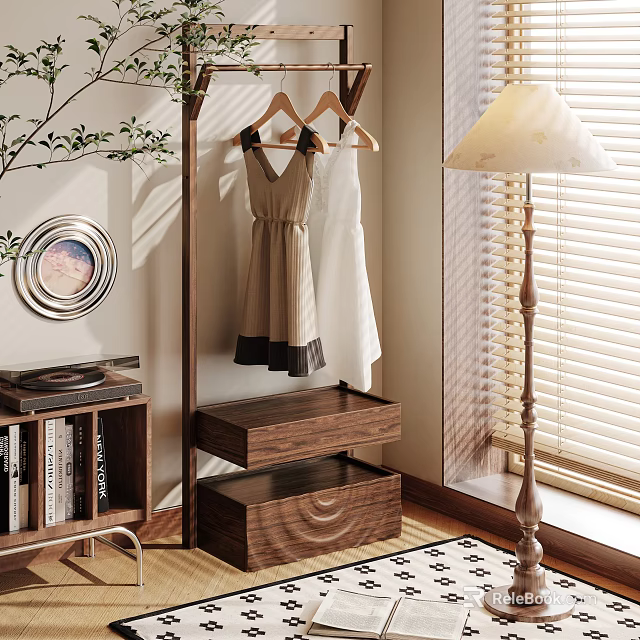 Elegant Wooden Wardrobe Design With Hanging Dresses Drawers And Bookshelf In Cozy Room 3d model 