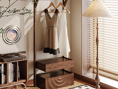 Elegant Wooden Wardrobe Design With Hanging Dresses Drawers And Bookshelf In Cozy Room 3d model