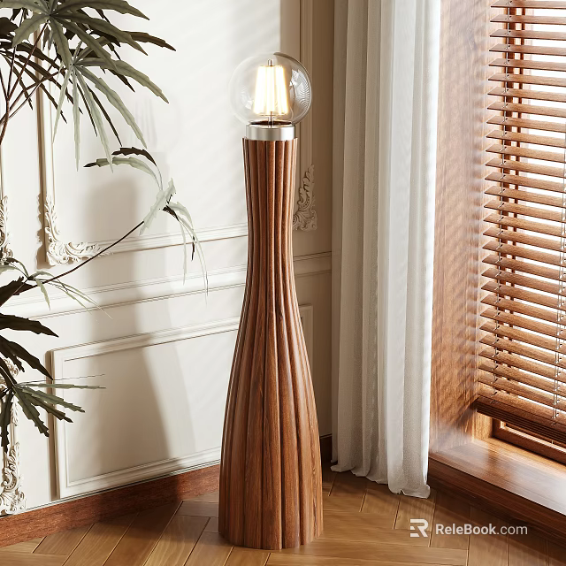 Modern Walnut Wood Floor Lamp With Ribbed Design Near Window Blinds And Green Plant 3d model 