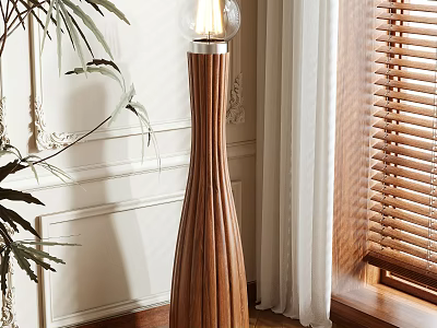 Modern Walnut Wood Floor Lamp With Ribbed Design Near Window Blinds And Green Plant 3d model
