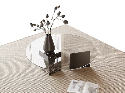 Round Transparent Coffee Table With Black Base Vase Branches Open Book On Woven Rug 3d model