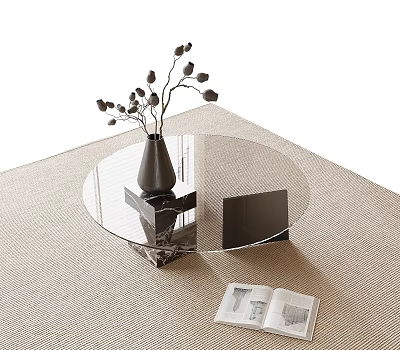 Round Transparent Coffee Table With Black Base Vase Branches Open Book On Woven Rug 3d model