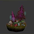Pine And Brown Trees In Miniature Landscape With Grass Stones Colorful Mushrooms And Glowing Elements