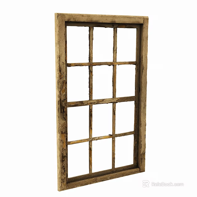 Vintage Wooden Window Frame With Multiple Grid Panes And Rustic Design 3d model