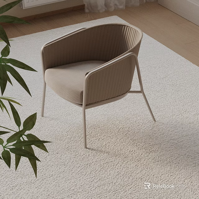 Modern Woven Beige Leisure Chair with Armrests Metal Legs on Soft Rug and Green Plant 3d model 