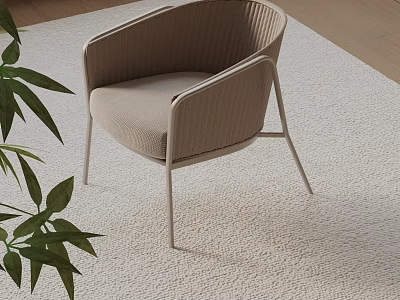 Modern Woven Beige Leisure Chair with Armrests Metal Legs on Soft Rug and Green Plant 3d model