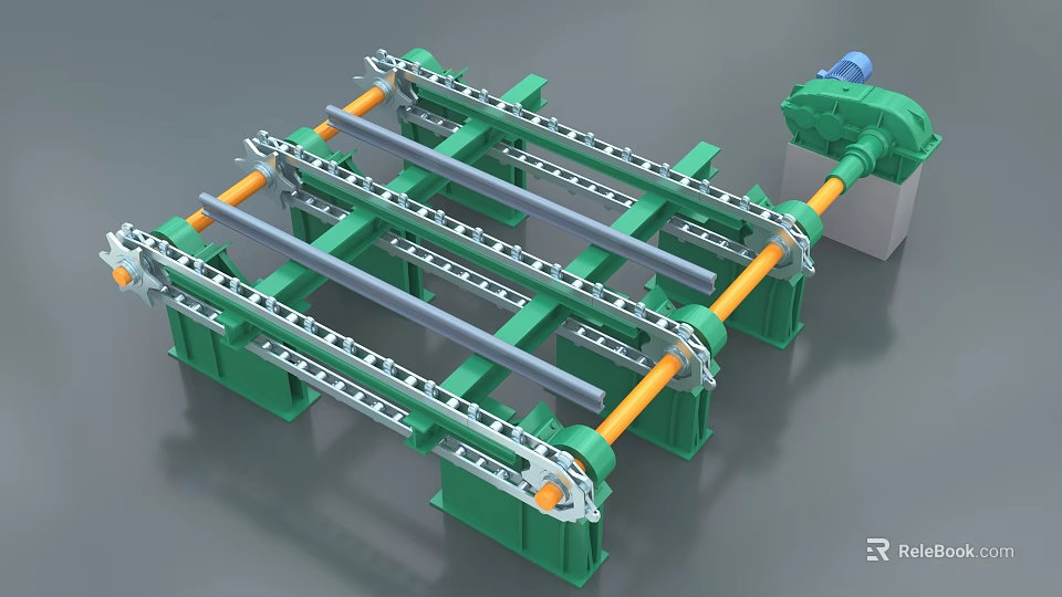 Industrial Conveyor System With Green Frame Yellow Rollers Chain Mechanism And Blue Motor 3d model 