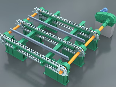 Industrial Conveyor System With Green Frame Yellow Rollers Chain Mechanism And Blue Motor 3d model