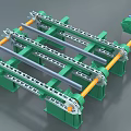 Industrial Conveyor System With Green Frame Yellow Rollers Chain Mechanism And Blue Motor