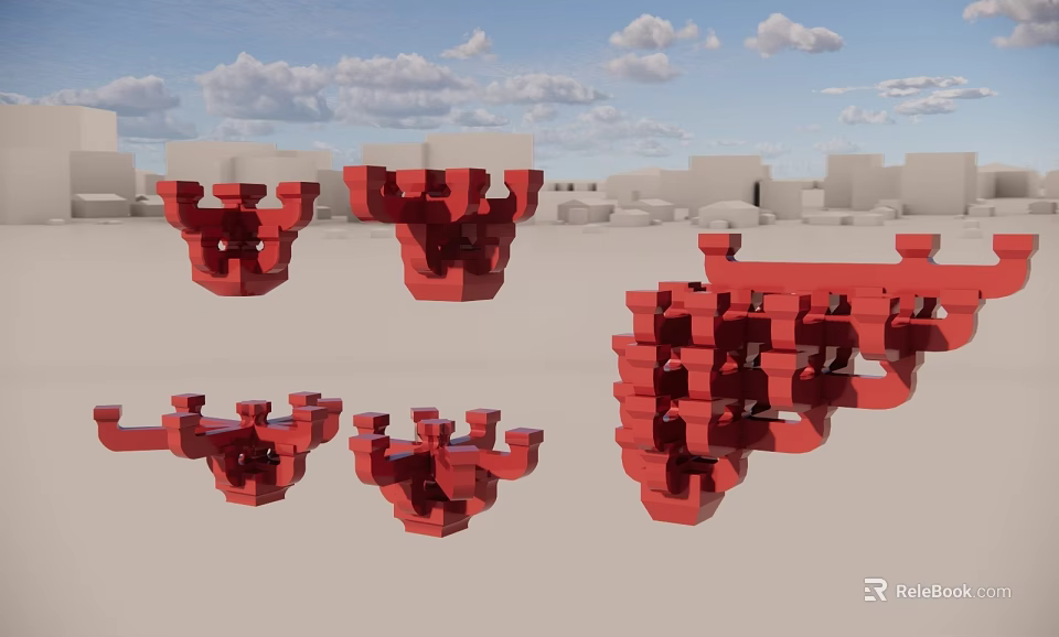 Abstract Red 3D Architectural Models With White Building Outlines And Cloudy Sky 3d model