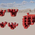 Abstract Red 3D Architectural Models With White Building Outlines And Cloudy Sky 3d model