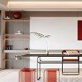 Modern Study Room Interior With Long Desk Red Stools 3d model