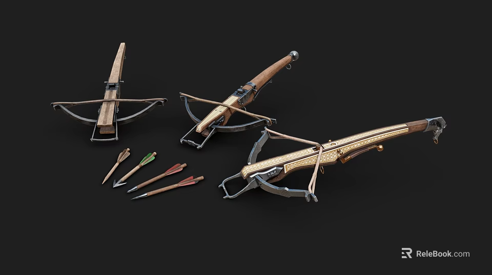 Three Vintage Crossbows With Wooden Handles Metallic Frames And Colorful Arrows 3d model 