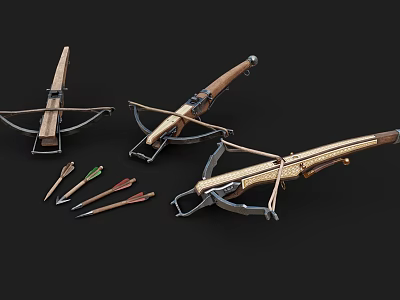 Three Vintage Crossbows With Wooden Handles Metallic Frames And Colorful Arrows 3d model